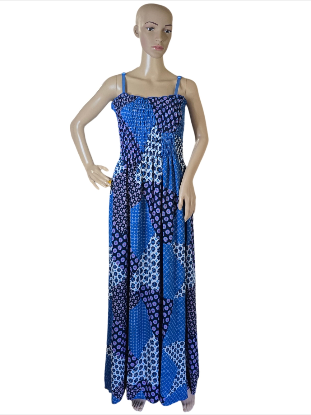 Blue Patterned Smocked Maxi Dress with Spaghetti Straps